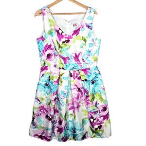 R & K Originals Dress Womens 14 White Purple Blue Floral Pockets Cottage V-Neck